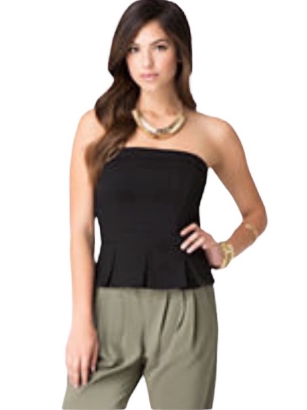 BeBe Black Strapless Peplum Hem Top with Removable Straps Size Medium